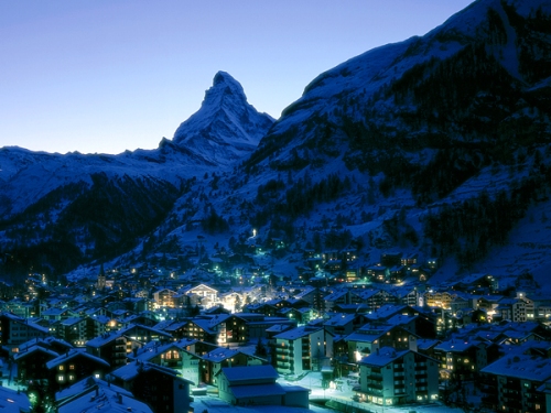 The town of Zermatt in the evening with the Matterhorn in the background