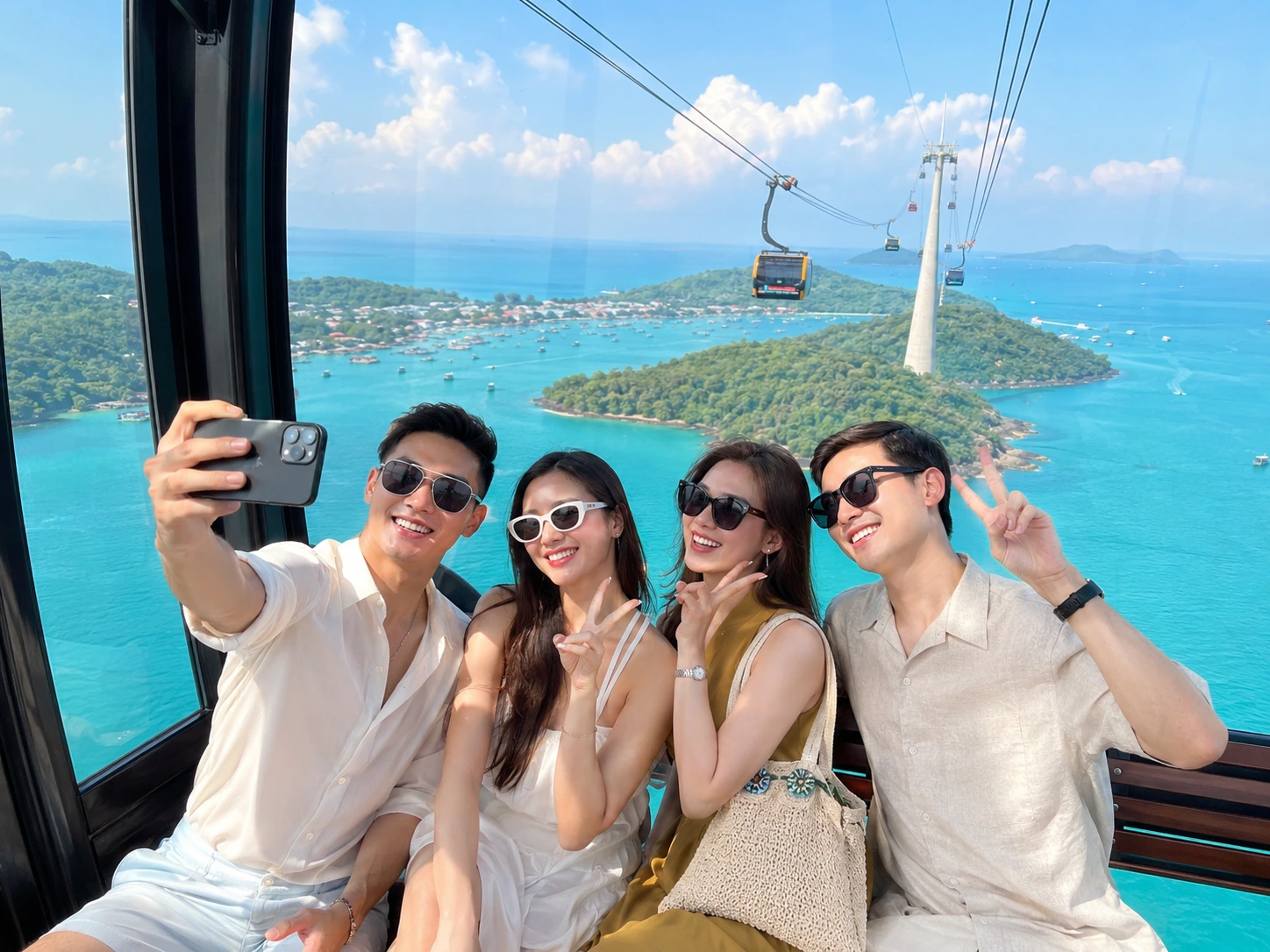 Đoàn du khách check-in cáp treo Hòn Thơm Phú Quốc sau khi đặt vé máy bay đoàn