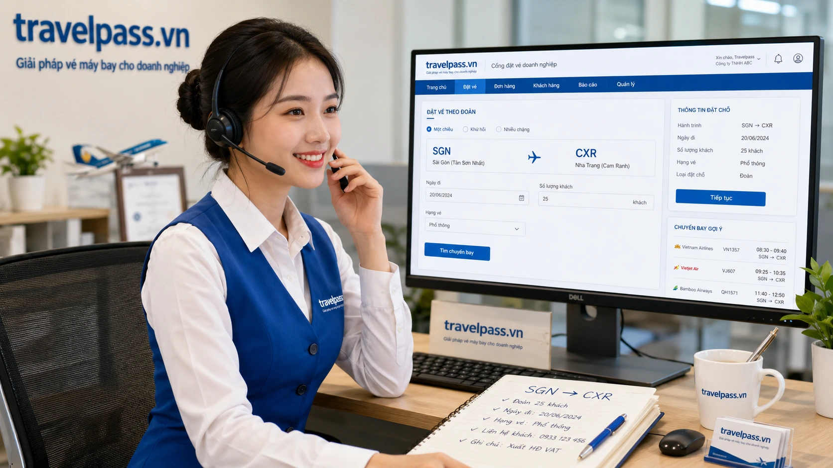 Nhân viên travelpass.vn tư vấn dịch vụ đặt vé đoàn Sài Gòn đi Nha Trang chuyên nghiệp